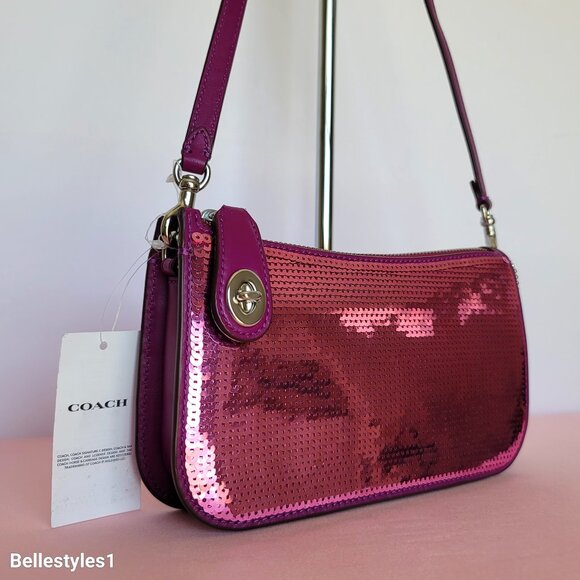 COACH Penn Sequined & Smooth Leather Small Shoulder Bag - Dark Magenta⭐ - Picture 2 of 16